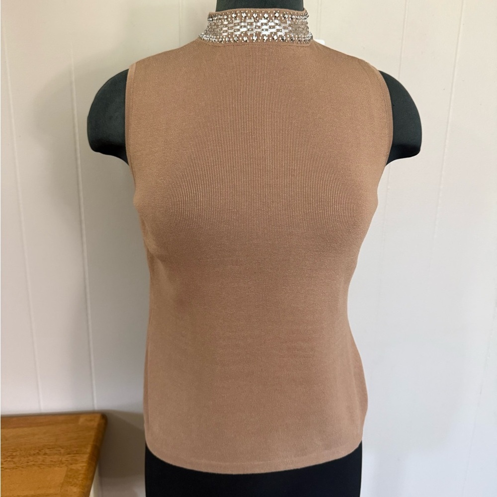 Joseph A • Silk High Neck Choker Embellished Sleeveless Blouse